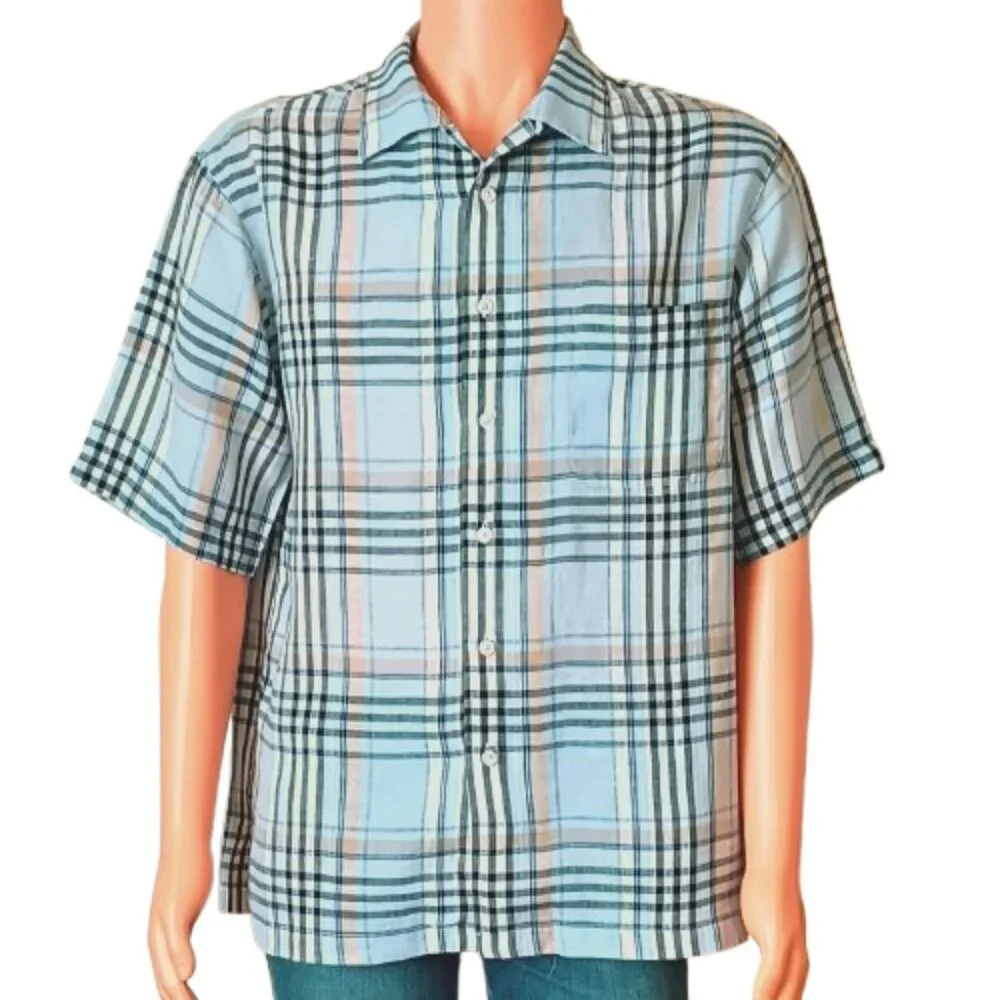 Daniel Cremieux Plaid Linen Shirt M Blue Short Sleeve Button Down Front Pocket